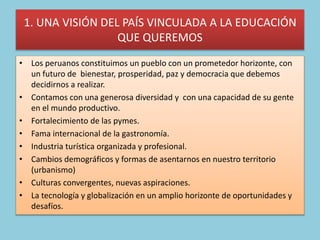 1. UNA VISIÓN DEL PAÍS VINCULADA A LA EDUCACIÓN
QUE QUEREMOS
• Los peruanos constituimos un pueblo con un prometedor horizonte, con
un futuro de bienestar, prosperidad, paz y democracia que debemos
decidirnos a realizar.
• Contamos con una generosa diversidad y con una capacidad de su gente
en el mundo productivo.
• Fortalecimiento de las pymes.
• Fama internacional de la gastronomía.
• Industria turística organizada y profesional.
• Cambios demográficos y formas de asentarnos en nuestro territorio
(urbanismo)
• Culturas convergentes, nuevas aspiraciones.
• La tecnología y globalización en un amplio horizonte de oportunidades y
desafíos.
 
