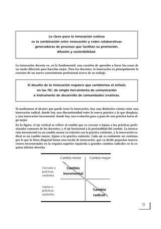 La innovación docente es, en lo fundamental, una cuestión de aprender a hacer las cosas de
un modo diferente para hacerlas mejor. Para los docentes, la innovación es principalmente la
creación de un nuevo conocimiento profesional acerca de su trabajo.
Si analizamos el alcance que puede tener la innovación, hay una distinción común entre una
innovación radical, donde hay una discontinuidad entre la nueva práctica y la que desplaza,
y una innovación incremental, donde hay una evolución paso a paso de una práctica hacia al-
go mejor.
En la figura, el eje vertical se refiere al cambio que es cercano o lejano a las prácticas profe-
sionales comunes de los docentes; y el eje horizontal a la profundidad del cambio. La innova-
ción incremental es un cambio menor en relación con la práctica existente, y la innovación ra-
dical es un cambio mayor, lejano a la práctica existente. Cada eje es realmente un continuo,
por lo que la línea diagonal forma una escala de innovación, que va desde pequeñas innova-
ciones incrementales en la esquina superior izquierda a grandes cambios radicales en la es-
quina inferior derecha.
9
La clave para la innovación exitosa
es la combinación entre innovación y redes colaborativas
generadoras de procesos que facilitan su promoción,
difusión y sostenibilidad.
El desafío de la innovación requiere que cambiemos el énfasis
en las TIC: de simple herramienta de comunicación
a instrumento de desarrollo de comunidades creativas.
Cambio menor Cambio mayor
Cercana a
prácticas
existentes
Lejana a
prácticas
existentes
Cambio
incremental
Cambio
radical
 