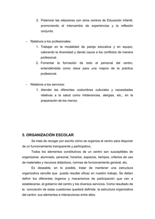 2. Potenciar las relaciones con otros centros de Educación Infantil,
promoviendo el intercambio de experiencias y la reflexión
conjunta.
- Relativos a los profesionales:
1. Trabajar en la modalidad de pareja educativa y en equipo,
valorando la diversidad y dando cauce a los conflictos de manera
profesional.
2. Fomentar la formación de todo el personal del centro,
entendiéndola como clave para una mejora de la práctica
profesional.
- Relativos a los servicios:
1. Atender las diferentes costumbres culturales y necesidades
relativas a la salud como intolerancias, alergias, etc., en la
preparación de los menús.
5. ORGANIZACIÓN ESCOLAR
Se trata de recoger por escrito cómo se organiza el centro para disponer
de un funcionamiento transparente y participativo.
Todos los elementos constitutivos de un centro son susceptibles de
organizarse: alumnado, personal, horarios, espacios, tiempos, criterios de uso
de materiales y recursos didácticos, normas de funcionamiento general, etc.
Es deseable, en lo posible, tratar de mantener una estructura
organizativa sencilla que pueda resultar eficaz en nuestro trabajo. Se deben
definir los diferentes órganos y mecanismos de participación que van a
establecerse, el gobierno del centro y los diversos servicios. Como resultado de
la concreción de estas cuestiones quedará definida la estructura organizativa
del centro: sus elementos e interacciones entre ellos.
 