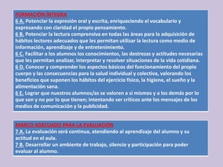 FORMACIÓN ÍNTEGRA
6 A. Potenciar la expresión oral y escrita, enriqueciendo el vocabulario y
expresando con claridad el propio pensamiento.
6 B. Potenciar la lectura comprensiva en todas las áreas para la adquisición de
hábitos lectores adecuados que les permitan utilizar la lectura como medio de
información, aprendizaje y de entretenimiento.
6 C. Facilitar a los alumnos los conocimientos, las destrezas y actitudes necesarias
que les permitan analizar, interpretar y resolver situaciones de la vida cotidiana.
6 D. Conocer y comprender los aspectos básicos del funcionamiento del propio
cuerpo y las consecuencias para la salud individual y colectiva, valorando los
beneficios que suponen los hábitos del ejercicio físico, la higiene, el sueño y la
alimentación sana.
6 E. Lograr que nuestros alumnos/as se valoren a sí mismos y a los demás por lo
que son y no por lo que tienen; intentando ser críticos ante los mensajes de los
medios de comunicación y la publicidad.
MARCO ADECUADO PARA LA EVALUACIÓN
7 A. La evaluación será continua, atendiendo al aprendizaje del alumno y su
actitud en el aula.
7 B. Desarrollar un ambiente de trabajo, silencio y participación para poder
evaluar al alumno.
 