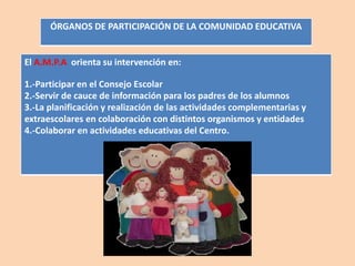 ÓRGANOS DE PARTICIPACIÓN DE LA COMUNIDAD EDUCATIVA
El A.M.P.A orienta su intervención en:
1.-Participar en el Consejo Escolar
2.-Servir de cauce de información para los padres de los alumnos
3.-La planificación y realización de las actividades complementarias y
extraescolares en colaboración con distintos organismos y entidades
4.-Colaborar en actividades educativas del Centro.
 
