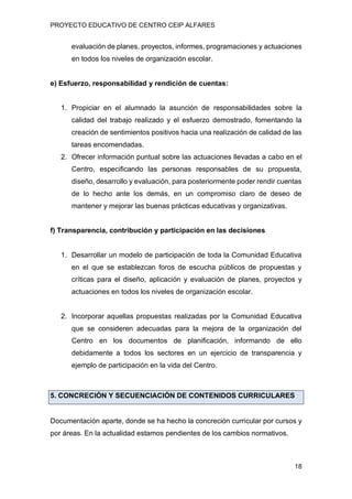 PROYECTO EDUCATIVO DE CENTRO CEIP ALFARES
18
evaluación de planes, proyectos, informes, programaciones y actuaciones
en todos los niveles de organización escolar.
e) Esfuerzo, responsabilidad y rendición de cuentas:
1. Propiciar en el alumnado la asunción de responsabilidades sobre la
calidad del trabajo realizado y el esfuerzo demostrado, fomentando la
creación de sentimientos positivos hacia una realización de calidad de las
tareas encomendadas.
2. Ofrecer información puntual sobre las actuaciones llevadas a cabo en el
Centro, especificando las personas responsables de su propuesta,
diseño, desarrollo y evaluación, para posteriormente poder rendir cuentas
de lo hecho ante los demás, en un compromiso claro de deseo de
mantener y mejorar las buenas prácticas educativas y organizativas.
f) Transparencia, contribución y participación en las decisiones
1. Desarrollar un modelo de participación de toda la Comunidad Educativa
en el que se establezcan foros de escucha públicos de propuestas y
críticas para el diseño, aplicación y evaluación de planes, proyectos y
actuaciones en todos los niveles de organización escolar.
2. Incorporar aquellas propuestas realizadas por la Comunidad Educativa
que se consideren adecuadas para la mejora de la organización del
Centro en los documentos de planificación, informando de ello
debidamente a todos los sectores en un ejercicio de transparencia y
ejemplo de participación en la vida del Centro.
5. CONCRECIÓN Y SECUENCIACIÓN DE CONTENIDOS CURRICULARES
Documentación aparte, donde se ha hecho la concreción curricular por cursos y
por áreas. En la actualidad estamos pendientes de los cambios normativos.
 