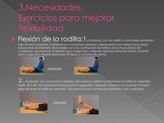    Flexión de la rodilla:1.Tumbado, con un rodillo o colchoneta enrollada
    bajo el hueco poplíteo, mantenemos una postura relajada y presionamos con fuerza hacia abajo
    provocando la extensión de la rodilla con una contracción isométrica de la musculatura del
    cuádriceps, aguantamos la tensión unos 6 segundos y después dejamos de hacer tensión durante
    otros 6 segundos. Repetir el proceso 10 veces y cambiar de pierna.




                          después


    2 . Tumbado, con una postura relajada, elevamos la cadera manteniendo la rodilla en extensión
    hasta 30 a 45º. Ahí mantenemos la posición 6 segundos y después volvemos a la posición inicial sin
    dejar de tener la rodilla en extensión. Esto provoca una contracción isométrica del cuádriceps .




                              después
 
