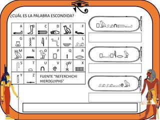¿CUÁL ES LA PALABRA ESCONDIDA?
A B C D E F
G H I J K L
M N O P Q R
S T U V W X
Y Z
A B C D E F
G H I J K L
M N O P Q R
S T U V W X
Y Z
PELUCA
PAPIRO
LLAVE
FUENTE “NEFERCHICHI
HIEROGLYPHS”
 