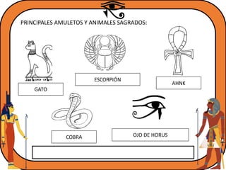 PRINCIPALES AMULETOS Y ANIMALES SAGRADOS:
GATO
COBRA OJO DE HORUS
AHNK
ESCORPIÓN
 
