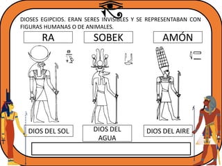 DIOSES EGIPCIOS. ERAN SERES INVISIBLES Y SE REPRESENTABAN CON
FIGURAS HUMANAS O DE ANIMALES.
RA SOBEK AMÓN
DIOS DEL SOL DIOS DEL AIREDIOS DEL
AGUA
 