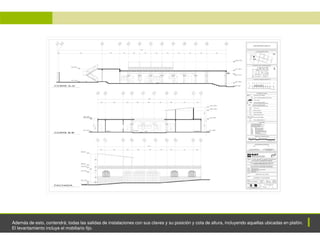 ANTEPROYECTO
ANTEPROYECTO
Además de esto, contendrá; todas las salidas de instalaciones con sus claves y su posición y cota de altura, incluyendo aquellas ubicadas en plafón.
El levantamiento incluye el mobiliario fijo.
 