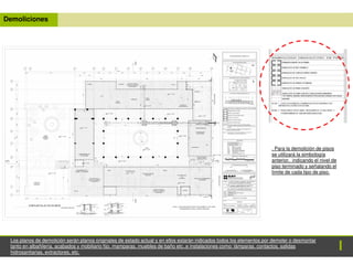 Demoliciones
Los planos de demolición serán planos originales de estado actual y en ellos estarán indicados todos los elementos por demoler o desmontar
tanto en albañilería, acabados y mobiliario fijo, mamparas, muebles de baño etc.,e instalaciones como: lámparas, contactos, salidas
hidrosanitarias, extractores, etc.
. Para la demolición de pisos
se utilizará la simbología
anterior, indicando el nivel de
piso terminado y señalando el
límite de cada tipo de piso.
 