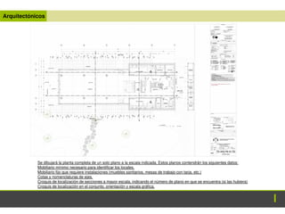 Arquitectónicos
Se dibujará la planta completa de un solo plano a la escala indicada. Estos planos contendrán los siguientes datos:
Mobiliario mínimo necesario para identificar los locales.
Mobiliario fijo que requiere instalaciones (muebles sanitarios, mesas de trabajo con tarja, etc.)
Cotas y nomenclaturas de ejes.
Croquis de localización de secciones a mayor escala, indicando el número de plano en que se encuentra (si las hubiera)
Croquis de localización en el conjunto, orientación y escala gráfica.
 
