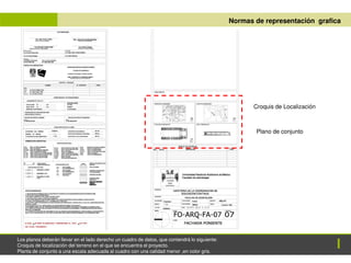 ANTEPROYECTO Normas de representación grafica
Croquis de Localización
Plano de conjunto
Los planos deberán llevar en el lado derecho un cuadro de datos, que contendrá lo siguiente:
Croquis de localización del terreno en el que se encuentra el proyecto.
Planta de conjunto a una escala adecuada al cuadro con una calidad menor ,en color gris.
 
