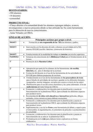 CENTRO CEIBAL DE TECNOLOGÍA EDUCATIVA. PAYSANDÚ
DESTINATARIOS:
–304 alumnos
–18 docentes
–comunidad
PRODUCTO FINAL:
- Clases abiertas a la comunidad dónde los alumnos expongan trabajos, avances,
investigaciones o nuevos proyectos dónde se han utilizado las Tic como herramienta
para la obtención de nuevos conocimientos.
- Aulas Virtuales en CREA.
LÍNEAS DE ACCIÓN:
Principales acciones por grupo o nivel.
Inicial 3 • Formación en uso responsable de las XO con alumnos y padres.
Inicial 4 • Intervención con los docentes de aula y alumnos en actividades de la XO,
entorno SUGAR (escribir, laberinto, constructor de historias).
Inicial 5 • Fortalecimiento de la modalidad de trabajo en tutorías con niveles superiores.
Familístico • Instancias de conocimiento de la Biblioteca Ceibal para el fortalecimiento de la
lectura.
1º • Promoción de la Maratón Ceibal.
2º • Apropiación por parte de los alumnos de las herramientas de escribir,
laberinto, etc. para el abordaje de la escritura.
• Formación del docente en el uso de las herramientas de las actividades de
SUGAR para elaborar propuestas de escritura.
3° • Fortalecimiento en el uso de las herramientas de los procesadores de texto
para el diseño de actividades de escritura ( guardar en los diferentes formatos,
recuperarlos, insertar imágenes, enviarlos por correo o a través de las redes)
• Planificación para el uso del correo electrónico y las cartas informales. (Uso de
mails interno del Aula Virtual de CREA)
4º • Formación y colaboración a los docentes para la planificación y puesta en
funcionamiento de la plataforma CREA; aprovechando los diferentes espacios
para producir textos.
• Recomendación de sitios web educativos e interactivos (películas, dibujos
animados, textos narrativos) para elaborar recensiones.
5º • Formación y colaboración a los docentes para la planificación y puesta en
funcionamiento de la plataforma CREA; aprovechando los diferentes espacios
para producir textos.
• Implementación y uso de los Foros como herramienta de debate y espacio para
el intercambio, la argumentación, el comentario de películas o acontecimientos
de actualidad.
6º • Formación y colaboración a los docentes para la planificación y puesta en
funcionamiento de su aula en la plataforma CREA.
• Profundización en la wiki para elaborar textos explicativos en forma
colaborativa.
Maestra Dinamizadora: Marina Romillo.
 