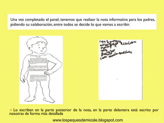 Una vez completado el panel, tenemos que realizar la nota informativa para los padres,
pidiendo su colaboración, entre todos se decide lo que vamos a escribir.




 Lo escriben en la parte posterior de la nota, en la parte delantera está escrito por
nosotras de forma más detallada
                         www.lospequesdemicole.blogspot.com
 