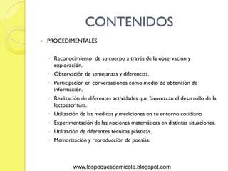 CONTENIDOS
   PROCEDIMENTALES


    ◦ Reconocimiento de su cuerpo a través de la observación y
      exploración.
    ◦ Observación de semejanzas y diferencias.
    ◦ Participación en conversaciones como medio de obtención de
      información.
    ◦ Realización de diferentes actividades que favorezcan el desarrollo de la
      lectoescritura.
    ◦ Utilización de las medidas y mediciones en su entorno cotidiano
    ◦ Experimentación de las nociones matemáticas en distintas situaciones.
    ◦ Utilización de diferentes técnicas plásticas.
    ◦ Memorización y reproducción de poesías.



               www.lospequesdemicole.blogspot.com
 