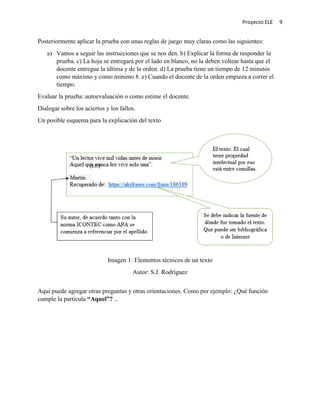 Proyecto ELE 9
Posteriormente aplicar la prueba con unas reglas de juego muy claras como las siguientes:
a) Vamos a seguir las instrucciones que se nos den. b) Explicar la forma de responder la
prueba. c) La hoja se entregará por el lado en blanco, no la deben voltear hasta que el
docente entregue la última y de la orden. d) La prueba tiene un tiempo de 12 minutos
como máximo y como mínimo 8. e) Cuando el docente de la orden empieza a correr el
tiempo.
Evaluar la prueba: autoevaluación o como estime el docente.
Dialogar sobre los aciertos y los fallos.
Un posible esquema para la explicación del texto
Imagen 1: Elementos técnicos de un texto
Autor: S.J. Rodríguez
Aquí puede agregar otras preguntas y otras orientaciones. Como por ejemplo: ¿Qué función
cumple la partícula “Aquel”? …
(s.f.)
 