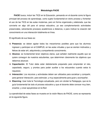 Metodología PACIE 
PACIE busca, incluir las TICS en la Educación, pensando en el docente como la figura principal del proceso de aprendizaje, como sujeto fundamental en dicho proceso y fomentar el uso de las TICS en las aulas modernas, pero en forma organizada y elaborada, que las convierta en algo útil para el campo educativo, ya sea complementando actividades presenciales, solventando procesos académicos a distancia, o para motivar la creación del conocimiento en una interacción totalmente en línea. 
El significado de sus fases es: 
Presencia: se deben agotar todos los mecanismos posibles para que los alumnos ingresen y participen en el CAMPUS, en las aulas virtuales y que se sientan motivados y felices de estar ahí, adquiriendo y compartiendo conocimiento. 
Alcance: es fundamental tener objetivos claros, qué señalen realmente aquello que se quiere conseguir de nuestros estudiantes, que determinen claramente los objetivos que debemos alcanzar. 
Capacitación: El Tutor debe estar debidamente preparado para emprender el reto, capacitado, seguro, y prontos para poder auxiliar a los educandos cuando estos lo requieran. 
Interacción: Los recursos y actividades deben ser utilizados para socializar y compartir, para generar interacción, para estimular, y muy especialmente para guiar y acompañar. 
Elearning: Usar toda la Tecnología actualizada, pero sin olvidar la Pedagogía, que es la guía fundamental de todo el proceso educativo y que el docente debe conocer muy bien, enseñar, y crear apoyándose en la Red 
La operatividad de estas fases se muestra en la visión Macro de PACIE, como se representa en la siguiente figura. 
 