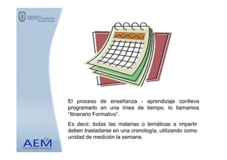 El proceso de enseñanza - aprendizaje conlleva
programarlo en una línea de tiempo, lo llamamos
“Itinerario Formativo”.
Es decir, todas las materias o temáticas a impartir
deben trasladarse en una cronología, utilizando como
unidad de medición la semana.
 