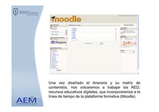 Una vez diseñado el itinerario y su matriz de
contenidos, nos volcaremos a trabajar los RED,
recursos educativos digitales, que incorporaremos a la
línea de tiempo de la plataforma formativa (Moodle).
 