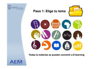 Paso 1: Elige tu temaPaso 1: Elige tu tema
Todas la materias se pueden convertir a ETodas la materias se pueden convertir a E--learninglearning
 