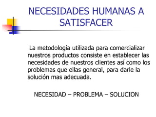 NECESIDADES HUMANAS A SATISFACER      La metodología utilizada para comercializar nuestros productos consiste en establecer las necesidades de nuestros clientes así como los problemas que ellas general, para darle la solución mas adecuada.   NECESIDAD – PROBLEMA – SOLUCION 