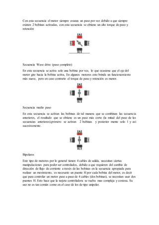 Con esta secuencia el motor siempre avanza un paso por vez debido a que siempre
existen 2 bobinas activadas, con esta secuencia se obtiene un alto torque de paso y
retención
Secuencia Wave drive (paso completo)
En esta secuencia se activa solo una bobina por vez, lo que ocasiona que el eje del
motor gire hacia la bobina activa, En algunos motores esto brinda un funcionamiento
más suave, pero en caso contrario el torque de paso y retención es menor.
Secuencia medio paso
En esta secuencia se activan las bobinas de tal manera que se combinan las secuencia
anteriores, el resultado que se obtiene es un paso más corto (la mitad del paso de las
secuencias anteriores),primero se activan 2 bobinas y posterior mente solo 1 y así
sucesivamente.
Bipolares
Este tipo de motores por lo general tienen 4 cables de salida, necesitan ciertas
manipulaciones para poder ser controlados, debido a que requieren del cambio de
dirección de flujo de corriente a través de las bobinas en la secuencia apropiada para
realizar un movimiento, es necesario un puente H por cada bobina del motor, es decir
que para controlar un motor paso a paso de 4 cables (dos bobinas), se necesitan usar dos
puentes H. Esto hace que la tarjeta controladora se vuelva mas compleja y costosa. Su
uso no es tan común como en el caso de los de tipo unipolar.
 