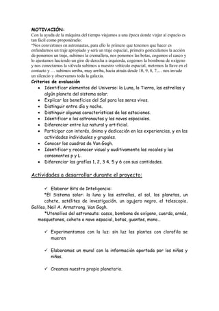 MOTIVACIÓN:
Con la ayuda de la máquina del tiempo viajamos a una época donde viajar al espacio es
tan fácil como proponérselo:
“Nos convertmos en astronautas, para ello lo primero que tenemos que hacer es
enfundarnos un traje apropiado y será un traje espacial, primero gesticulamos la acción
de ponernos un traje, subimos la cremallera, nos ponemos las botas, cogemos el casco y
lo ajustamos haciendo un giro de derecha a izquierda, cogemos la bombona de oxígeno
y nos conectamos la válvula subimos a nuestro vehículo espacial, metemos la llave en el
contacto y … subimos arriba, muy arriba, hacia atraás desde 10, 9, 8, 7,… nos invade
un silencio y observamos toda la galaxia.
Criterios de evaluación
     Identificar elementos del Universo: la Luna, la Tierra, las estrellas y
        algún planeta del sistema solar.
     Explicar los beneficios del Sol para los seres vivos.
     Distinguir entre día y noche.
     Distinguir algunas características de las estaciones.
     Identificar a los astronautas y las naves espaciales.
     Diferenciar entre luz natural y artificial.
     Participar con interés, ánimo y dedicación en las experiencias, y en las
        actividades individuales y grupales.
     Conocer los cuadros de Van Gogh.
     Identificar y reconocer visual y auditivamente las vocales y las
        consonantes p y L.
     Diferenciar las grafías 1, 2, 3 4, 5 y 6 con sus cantidades.


Actividades a desarrollar durante el proyecto:

        Elaborar Bits de Inteligencia:
       *El Sistema solar: la luna y las estrellas, el sol, los planetas, un
       cohete, satélites de investigación, un agujero negro, el telescopio,
Galileo, Neil A. Armstrong, Van Gogh.
       *Utensilios del astronauta: casco, bombona de oxígeno, cuerda, arnés,
   mosquetones, cohete o nave espacial, botas, guantes, mono…

        Experimentamos con la luz: sin luz las plantas con clorofila se
         mueren

        Elaboramos un mural con la información aportada por los niños y
         niñas.

        Creamos nuestro propio planetario.
 