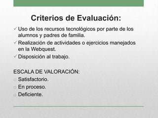 Criterios de Evaluación:
Uso de los recursos tecnológicos por parte de los
alumnos y padres de familia.
Realización de actividades o ejercicios manejados
en la Webquest.
Disposición al trabajo.
ESCALA DE VALORACIÓN:
o Satisfactorio.
o En proceso.
o Deficiente.
 