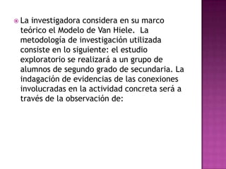  Lainvestigadora considera en su marco
 teórico el Modelo de Van Hiele. La
 metodología de investigación utilizada
 consiste en lo siguiente: el estudio
 exploratorio se realizará a un grupo de
 alumnos de segundo grado de secundaria. La
 indagación de evidencias de las conexiones
 involucradas en la actividad concreta será a
 través de la observación de:
 