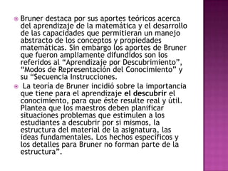 Bruner destaca por sus aportes teóricos acerca
 del aprendizaje de la matemática y el desarrollo
 de las capacidades que permitieran un manejo
 abstracto de los conceptos y propiedades
 matemáticas. Sin embargo los aportes de Bruner
 que fueron ampliamente difundidos son los
 referidos al “Aprendizaje por Descubrimiento”,
 “Modos de Representación del Conocimiento” y
 su “Secuencia Instrucciones.
 La teoría de Bruner incidió sobre la importancia
 que tiene para el aprendizaje el descubrir el
 conocimiento, para que éste resulte real y útil.
 Plantea que los maestros deben planificar
 situaciones problemas que estimulen a los
 estudiantes a descubrir por si mismos, la
 estructura del material de la asignatura, las
 ideas fundamentales. Los hechos específicos y
 los detalles para Bruner no forman parte de la
 estructura”.
 
