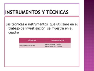 Las técnicas e instrumentos que utilizare en el
  trabajo de investigación se muestra en el
  cuadro

                 TÉCNICAS         INSTRUMENTOS

                            PRUEBA PRE – TEST
         PRUEBAS ESCRITAS
                            PRUEBA POST – TEST
 