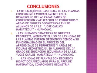 1.  LA UTILIZACIÓN DE LAS HOJAS DE LAS PLANTAS
   CONTRIBUYÓ FAVORABLEMENTE EN EL
   DESARROLLO DE LAS CAPACIDADES DE
   COMPRENSIÓN Y APLICACIÓN DE PERÍMETROS Y
   ÁREAS DE FIGURAS GEOMÉTRICAS EN LOS
   ALUMNOS DE LA I.E. “JOSÉ CARLOS
   MARIÁTEGUI” – HUANCAYO.
2. . LAS UNIDADES DIDÁCTICAS DE NUESTRA
   PROPUESTA, MEDIANTE EL USO DE LAS HOJAS DE
   LAS PLANTAS FUERON OPERATIVAS DEBIDO A SU
   FUNCIONALIDAD EN EL PROCESO DEL
   APRENDIZAJE DE PERÍMETROS Y ÁREAS DE
   FIGURAS GEOMÉTRICAS, EN ALUMNOS DEL 3º
   GRADO DE EDUCACIÓN SECUNDARIA DE LA I.E.
   “JOSÉ CARLOS MARIÁTEGUI “ – HUANCAYO.
3.     LAS HOJAS DE PLANTAS SON RECURSOS
   DIDÁCTICOS ADECUADOS PARA EL ÁREA DE
   MATEMÁTICA, COMPONENTE GEOMETRÍA
 
