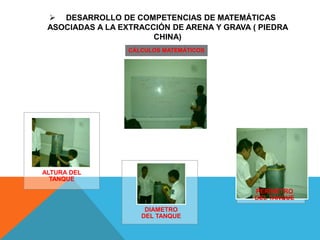 CÁLCULOS MATEMÁTICOS
DIAMETRO
DEL TANQUE
PERÍMETRO
DEL TANQUE
ALTURA DEL
TANQUE
 DESARROLLO DE COMPETENCIAS DE MATEMÁTICAS
ASOCIADAS A LA EXTRACCIÓN DE ARENA Y GRAVA ( PIEDRA
CHINA)
 