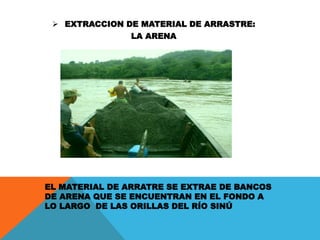  EXTRACCION DE MATERIAL DE ARRASTRE:
LA ARENA
EL MATERIAL DE ARRATRE SE EXTRAE DE BANCOS
DE ARENA QUE SE ENCUENTRAN EN EL FONDO A
LO LARGO DE LAS ORILLAS DEL RÍO SINÚ
 
