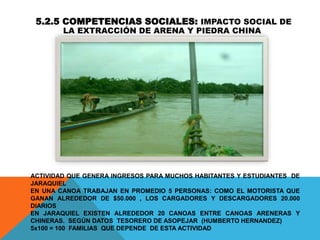 ACTIVIDAD QUE GENERA INGRESOS PARA MUCHOS HABITANTES Y ESTUDIANTES DE
JARAQUIEL
EN UNA CANOA TRABAJAN EN PROMEDIO 5 PERSONAS: COMO EL MOTORISTA QUE
GANAN ALREDEDOR DE $50.000 , LOS CARGADORES Y DESCARGADORES 20.000
DIARIOS
EN JARAQUIEL EXISTEN ALREDEDOR 20 CANOAS ENTRE CANOAS ARENERAS Y
CHINERAS. SEGÚN DATOS TESORERO DE ASOPEJAR (HUMBERTO HERNANDEZ)
5x100 = 100 FAMILIAS QUE DEPENDE DE ESTA ACTIVIDAD
5.2.5 COMPETENCIAS SOCIALES: IMPACTO SOCIAL DE
LA EXTRACCIÓN DE ARENA Y PIEDRA CHINA
 