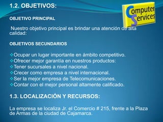  Instalación de Redes de computoFecha prevista de puesta en marcha: 01 de abril del 2010Inversión neta: $ 200.000.Necesidad de financiamiento: $ 150.00.Objetivo: Compra de equipos Nacionales e Internacionales.Venta prevista: S/. 1 000.000.Valor Actual Neto: Tasa descuento 10%
