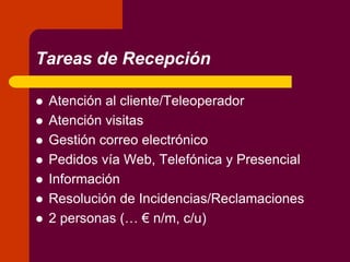 Tareas de Recepción
 Atención al cliente/Teleoperador
 Atención visitas
 Gestión correo electrónico
 Pedidos vía Web, Telefónica y Presencial
 Información
 Resolución de Incidencias/Reclamaciones
 2 personas (… € n/m, c/u)
 