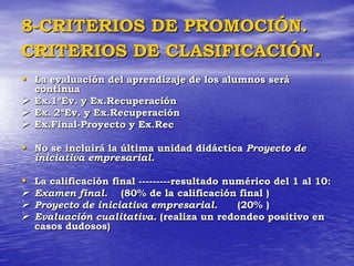 8-CRITERIOS DE PROMOCIÓN.CRITERIOS DE CLASIFICACIÓN.La evaluación del aprendizaje de los alumnos será continuaEx.1ªEv. y Ex.Recuperación