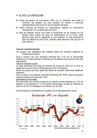  EL IPC Y LA INFACCIÓN

El índice de precios al consumidor (IPC) es un indicador que mide la
       variación de precios de una canasta de bienes y servicios
       representativos del consumo de los hogares del país.
El Índice General de Precios en Extremadura registró un crecimiento
       mensual del 1% en septiembre de 2012.
La tasa de inflación anual, que mide el incremento de los precios en los
       últimos doce meses, se sitúa en Extremadura en un 3,3%, siete
       décimas más que la registrada el mes anterior. A nivel nacional la
       tasa de inflación es del 3,4%, también siete décimas más que en el
       mes anterior


Tasas de variación mensual:
Los grupos que registraron las mayores tasas de variación negativa en
       Extremadura fueron:
Ocio y cultura: con una variación mensual del -1,1% en la Comunidad
Autónoma y a nivel nacional, motivadas por la bajada de los precios del viaje
organizado.
Tasa de variación anual:
La tasa interanual de Índice de Precios de Consumo (IPC) en el mes de
septiembre es del 3,3% en Extremadura (3,4% en España).
Entre los grupos que han registrado tasas de variación interanual negativas
destacan:
Ocio y cultura: que alcanza una tasa interanual del -0,8% (para el conjunto
nacional obtiene una tasa del 1,2%).
Resultados provinciales:
Por provincias, los precios crecieron en relación al mes anterior un 1,1% en
Badajoz y en Cáceres un 1%. En tasas interanuales, la tasa de inflación se
sitúa en el 3,2% en Badajoz y en Cáceres en el 3,6%.

A continuación le presentamos un gráfico de su representación anual:




                                                                           3
 