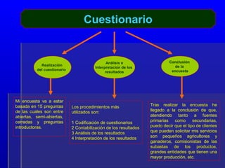 Cuestionario


                                                Análisis e                  Conclusión
            Realización                                                        de la
                                         Interpretación de los
          del cuestionario                                                   encuesta
                                               resultados




Mi encuesta va a estar
basada en 15 preguntas       Los procedimientos más                Tras realizar la encuesta he
de las cuales son entre      utilizados son:                       llegado a la conclusión de que,
abiertas, semi-abiertas,                                           atendiendo tanto a fuentes
cerradas y preguntas         1 Codificación de cuestionarios       primarias como secundarias,
introductoras.               2 Contabilización de los resultados   puedo decir que el tipo de clientes
                             3 Análisis de los resultados          que pueden solicitar mis servicios
                             4 Interpretación de los resultados    son pequeños agricultores y
                                                                   ganaderos, comisionistas de las
                                                                   subastas de los productos,
                                                                   grandes entidades que tienen una
                                                                   mayor producción, etc.
 