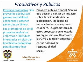 Productivos y Públicos
Proyecto productivo: Son   Proyecto público o social: Son los
proyectos que buscan       que buscan alcanzar un impacto
generar rentabilidad       sobre la calidad de vida de
económica y obtener        la población, los cuales no
ganancias en dinero.       necesariamente se expresan
Los promotores de estos    en dinero. Los promotores de
proyectos suelen ser       estos proyectos son el estado,
empresas e individuos      los organismos multilaterales,
interesados en alcanzar    las ONG y también empresas,
beneficios económicos      en sus políticas de
para distintos fines       responsabilidad
                           social.
 