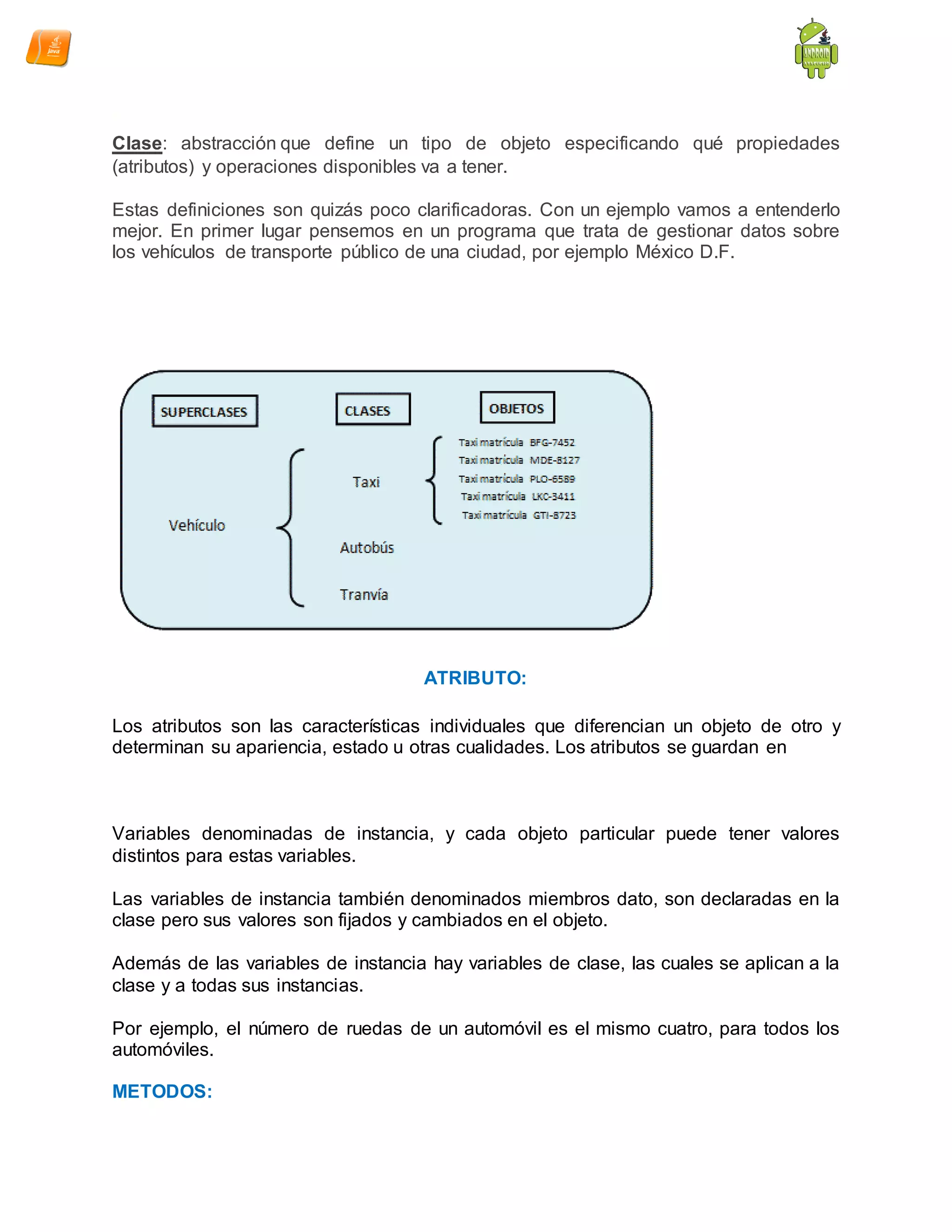 Clase: abstracción que define un tipo de objeto especificando qué propiedades
(atributos) y operaciones disponibles va a tener.
Estas definiciones son quizás poco clarificadoras. Con un ejemplo vamos a entenderlo
mejor. En primer lugar pensemos en un programa que trata de gestionar datos sobre
los vehículos de transporte público de una ciudad, por ejemplo México D.F.
ATRIBUTO:
Los atributos son las características individuales que diferencian un objeto de otro y
determinan su apariencia, estado u otras cualidades. Los atributos se guardan en
Variables denominadas de instancia, y cada objeto particular puede tener valores
distintos para estas variables.
Las variables de instancia también denominados miembros dato, son declaradas en la
clase pero sus valores son fijados y cambiados en el objeto.
Además de las variables de instancia hay variables de clase, las cuales se aplican a la
clase y a todas sus instancias.
Por ejemplo, el número de ruedas de un automóvil es el mismo cuatro, para todos los
automóviles.
METODOS:
 