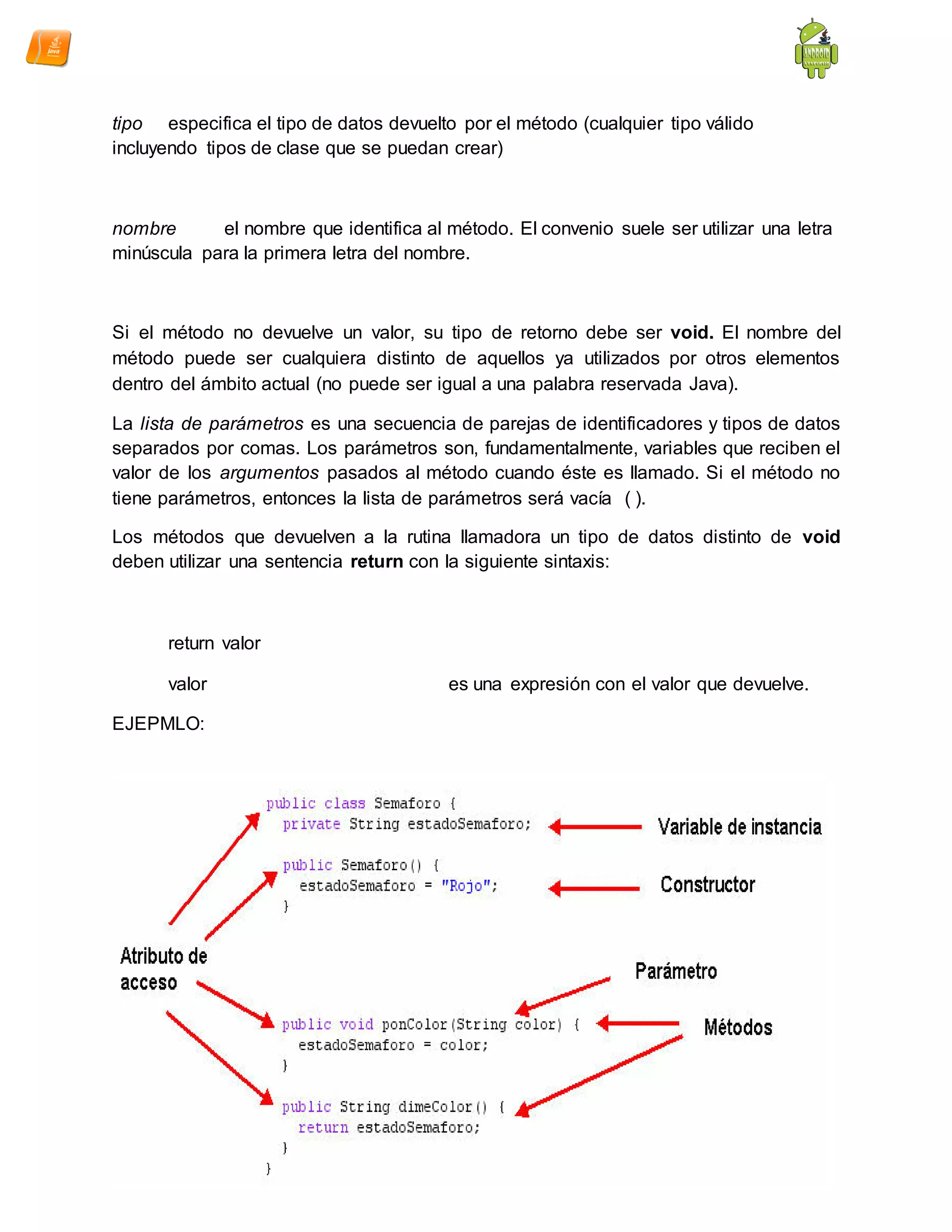 tipo especifica el tipo de datos devuelto por el método (cualquier tipo válido
incluyendo tipos de clase que se puedan crear)
nombre el nombre que identifica al método. El convenio suele ser utilizar una letra
minúscula para la primera letra del nombre.
Si el método no devuelve un valor, su tipo de retorno debe ser void. El nombre del
método puede ser cualquiera distinto de aquellos ya utilizados por otros elementos
dentro del ámbito actual (no puede ser igual a una palabra reservada Java).
La lista de parámetros es una secuencia de parejas de identificadores y tipos de datos
separados por comas. Los parámetros son, fundamentalmente, variables que reciben el
valor de los argumentos pasados al método cuando éste es llamado. Si el método no
tiene parámetros, entonces la lista de parámetros será vacía ( ).
Los métodos que devuelven a la rutina llamadora un tipo de datos distinto de void
deben utilizar una sentencia return con la siguiente sintaxis:
return valor
valor es una expresión con el valor que devuelve.
EJEPMLO:
 