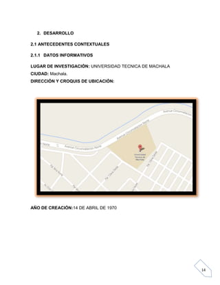 2. DESARROLLO
2.1 ANTECEDENTES CONTEXTUALES
2.1.1 DATOS INFORMATIVOS
LUGAR DE INVESTIGACIÓN: UNIVERSIDAD TECNICA DE MACHALA
CIUDAD: Machala.
DIRECCIÓN Y CROQUIS DE UBICACIÓN:

AÑO DE CREACIÓN:14 DE ABRIL DE 1970

14

 