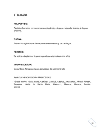 6 GLOSARIO

POLIPEPTIDO:
Péptidos formados por numerosos aminoácidos, de peso molecular inferior al de una
proteína.

OSEINA:
Sustancia orgánica que forma parte de los huesos y los cartílagos.

PERENNE:
Se aplica a la planta u órgano vegetal que vive más de dos años

INFLORESCENCIA:
Conjunto de flores que nacen agrupadas de un mismo tallo

PAICO: CHENOPEDICUM AMBROSIDES
Paicco, Payco, Paiku, Paiko, Camatai, Cashiva, Cashua, Amasamas, Amush, Amash,
Anserina, Hierba de Santa María, Mastruco, Mastruz, Mentruz, Pozote.
Sie-sie

38

 