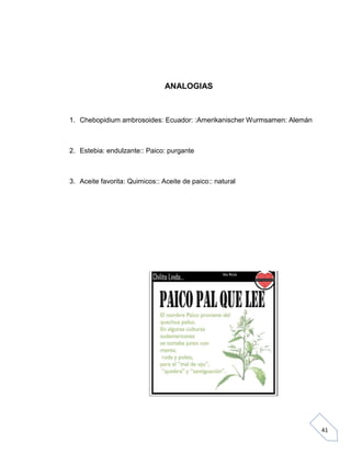 ANALOGIAS

1. Chebopidium ambrosoides: Ecuador: :Amerikanischer Wurmsamen: Alemán

2. Estebia: endulzante:: Paico: purgante

3. Aceite favorita: Quimicos:: Aceite de paico:: natural

41

 