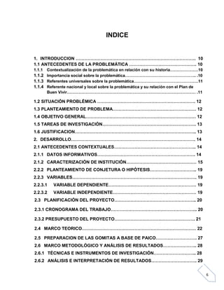 INDICE

1. INTRODUCCION ………………………………………………………………………. 10
1.1 ANTECEDENTES DE LA PROBLEMÁTICA ………………………………………. 10
1.1.1

Contextualización de la problemática en relación con su historia…………………10
1.1.2 Importancia social sobre la problemática…………………………………………….. .10
1.1.3 Referentes universales sobre la problemática…………………………………………11
1.1.4 Referente nacional y local sobre la problemática y su relación con el Plan de
Buen Vivir…………………………………………………………………………………… .11

1.2 SITUACIÓN PROBLÉMICA …………………………………………………………. 12
1.3 PLANTEAMIENTO DE PROBLEMA………………………………………………… 12
1.4 OBJETIVO GENERAL………………………………………………………………… 12
1.5 TAREAS DE INVESTIGACIÓN………………………………………………………. 13
1.6 JUSTIFICACION……………………………………………………………………….. 13
2. DESARROLLO…………………………………………………………………………. 14
2.1 ANTECEDENTES CONTEXTUALES……………………………………………….. 14
2.1.1 DATOS INFORMATIVOS…………………………………………………………. 14
2.1.2 CARACTERIZACIÓN DE INSTITUCIÓN………………………………………… 15
2.2.2 PLANTEAMIENTO DE CONJETURA O HIPÓTESIS………………………….. 19
2.2.3 VARIABLES…………………………………………………………………………. 19
2.2.3.1

VARIABLE DEPENDIENTE…………………………………………………… 19

2.2.3.2

VARIABLE INDEPENDIENTE………………………………………………… 19

2.3 PLANIFICACIÓN DEL PROYECTO……………………………………………….. 20
2.3.1 CRONOGRAMA DEL TRABAJO………………………………………………….. 20
2.3.2 PRESUPUESTO DEL PROYECTO………………………………………………. 21
2.4 MARCO TEORICO…………………………………………………………………… 22
2.5 PREPARACION DE LAS GOMITAS A BASE DE PAICO………………………. 27
2.6 MARCO METODOLÓGICO Y ANÁLISIS DE RESULTADOS………………….. 28
2.6.1 TÉCNICAS E INSTRUMENTOS DE INVESTIGACIÓN……………………….. 28
2.6.2 ANÁLISIS E INTERPRETACIÓN DE RESULTADOS…………………………. 29
6

 