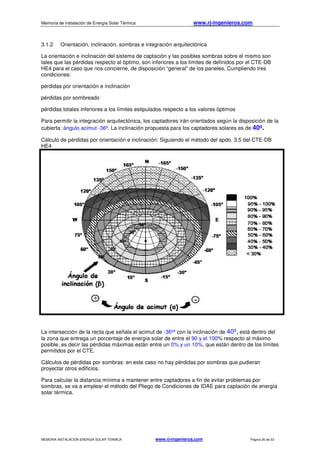 Memoria de instalación de Energía Solar Térmica www.rj-ingenieros.com
MEMORIA INSTALACIÓN ENERGÍA SOLAR TÉRMICA www.rj-ingenieros.com Página 26 de 33
3.1.2 Orientación, inclinación, sombras e integración arquitectónica
La orientación e inclinación del sistema de captación y las posibles sombras sobre el mismo son
tales que las pérdidas respecto al óptimo, son inferiores a los límites de definidos por el CTE-DB
HE4 para el caso que nos concierne, de disposición “general” de los paneles. Cumpliendo tres
condiciones:
pérdidas por orientación e inclinación
pérdidas por sombreado
pérdidas totales inferiores a los límites estipulados respecto a los valores óptimos
Para permitir la integración arquitectónica, los captadores irán orientados según la disposición de la
cubierta: ángulo acimut -36º. La inclinación propuesta para los captadores solares es de 40º.
Cálculo de pérdidas por orientación e inclinación: Siguiendo el método del apdo. 3.5 del CTE-DB
HE4
La intersección de la recta que señala el acimut de -36ºº con la inclinación de 40º, está dentro del
la zona que entrega un porcentaje de energía solar de entre el 90 y el 100% respecto al máximo
posible, es decir las pérdidas máximas están entre un 0% y un 10%, que están dentro de los límites
permitidos por el CTE.
Cálculos de pérdidas por sombras: en este caso no hay pérdidas por sombras que pudieran
proyectar otros edificios.
Para calcular la distancia mínima a mantener entre captadores a fin de evitar problemas por
sombras, se va a emplear el método del Pliego de Condiciones de IDAE para captación de energía
solar térmica.
 