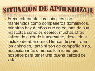    Frecuentemente, los animales son
    mantenidos como compañeros domésticos,
    mientras hay dueños que se ocupan de sus
    mascotas como es debido, muchas otras
    sufren de cuidado inadecuado, descuido e
    incluso de abandono. Hemos de partir que
    los animales, tanto si son de compañía o no,
    necesitan más o menos lo mismo que
    nosotros para tener una buena calidad de
    vida.
 