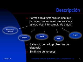 Descripción
                            Formación a distancia on-line que
                             permite comunicación sincrónica y
                             asincrónica, intercambio de datos:
   Profesores y
     alumnos
                                                                              Imagen
                                       Textos
                  Archivos
                                                           Audio


                            Salvando con ello problemas de
                             distancia.
                            Sin límite de horarios.

19/12/2011                    EnredArte - GRUPO NEKOMIMI - UOC- Competencias TIC       5
 