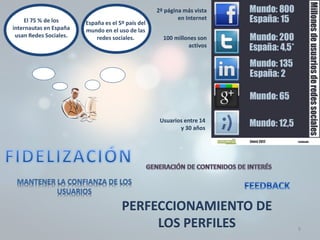 El 75 % de los
internautas en España
usan Redes Sociales.
España es el 5º país del
mundo en el uso de las
redes sociales.
2º página más vista
en Internet
100 millones son
activos
Usuarios entre 14
y 30 años
PERFECCIONAMIENTO DE
LOS PERFILES 9
 