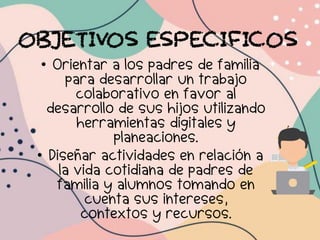 OBJETIVOS ESPECIFICOS
• Orientar a los padres de familia
para desarrollar un trabajo
colaborativo en favor al
desarrollo de sus hijos utilizando
herramientas digitales y
planeaciones.
• Diseñar actividades en relación a
la vida cotidiana de padres de
familia y alumnos tomando en
cuenta sus intereses,
contextos y recursos.
 